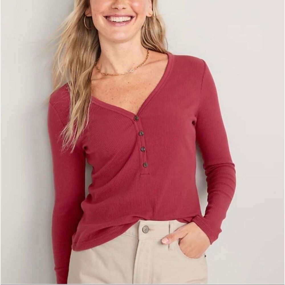 Wild Fable Red Ribbed Long Sleeve Henley Top Size Small New